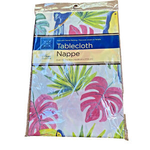 NEW Home Collection Flannel Backed Tablecloth 52” X 70” Oval Pink Green Birds